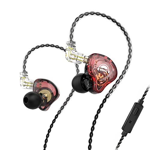 okcsc ED10 イヤホン 有線 カナル型イヤホン 重低音 耳掛け 着脱式ケーブル パソコン用 PC/スマホ対応 マイク付き 3.5mm レッド