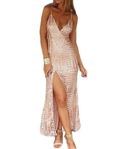 Miss ord Women's Sleeveless V Neck Sequined Maxi Prom Dress with Side Split Medium Gold