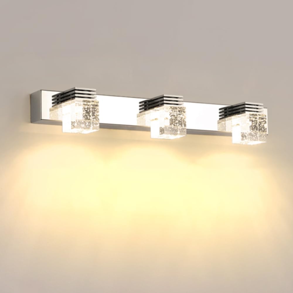 XINYASEE Lámpara de Espejo Baño Cristal Pilar LED Espejo Luces Delanteras, Cuarto de Baño Pasillo Resistente a la Humedad Luces 3000K luz cálida, 6000K luz blanca 6-12W (Luz cálida, Tres cabezas)