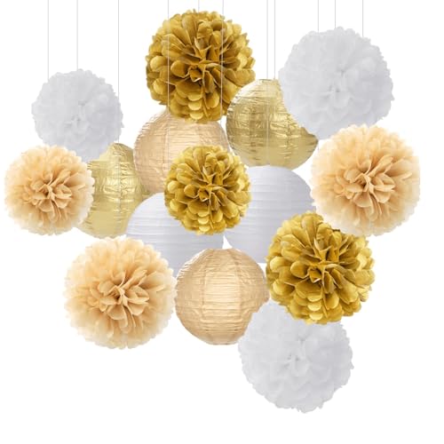 FAINCA 15 Pièces Pompons Deko à Suspendre Lanterne Papier 20 cm 25 cm Deco Mariage Champetre Deco Anniversaire Pompons Papier de Soie pour Mariages Remises...