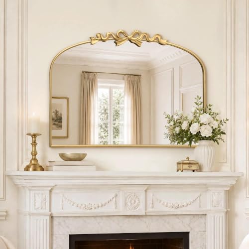Image of Besdomus Bow Arched Large Mirror: 40 inchx29 inch Gold Vintage Decorative Mirror | French Baroque Metal Framed - Traditional Ornate for Fireplace /Entryway /Living Room /Bathroom- Ideal for Home Renovations