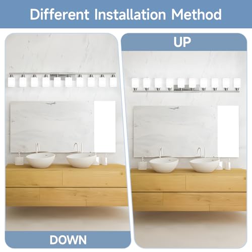 Image of 10-Light Bathroom Vanity Light Brushed Nickel,64.5in Vanity Lights with Square Frosted Glass,Modern Bathroom Wall Lights Fixtures Over Mirror,Wall Sconces Lighting for Bedroom Living Room,E26