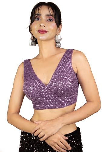 FIGURE'S DESIGNER Women's Sequin Embroidered Premium Net Fabric Sleeveless V Neck Sabyasachi Cut Readymade Saree Blouse E20