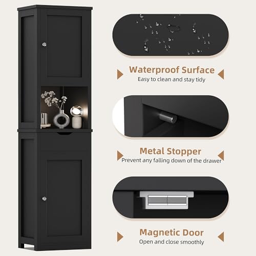 Shintenchi Tall Bathroom Storage Cabinet, Slim Corner Floor Cabinet with Doors and Drawer, Freestanding Narrow Bathroom Organizer with Adjustable Shelves for Small Space, Black