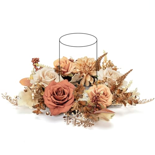 WELL KNOWN Artificial Flower Candle Rings Wreath, 12' Small Fall Wreath for Candles & Candleholders, Autumn Centerpieces for Fall Winter Home Table Wedding Party Decor (Earth & Coffee)