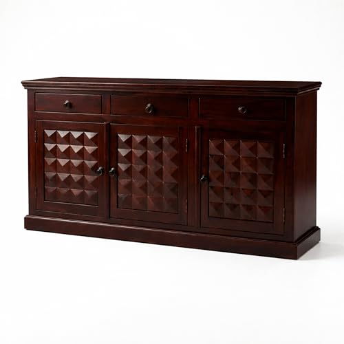 Image of SONA ART & CRAFTS Diamond Solid Sheesham Wood Sideboard Cabinet Storage Organizer with 3 Drawer & Door Cabinet for Home Living Room & Bedroom Multi Shelves Cabinets Hallway Dinning (Walnut Finish)
