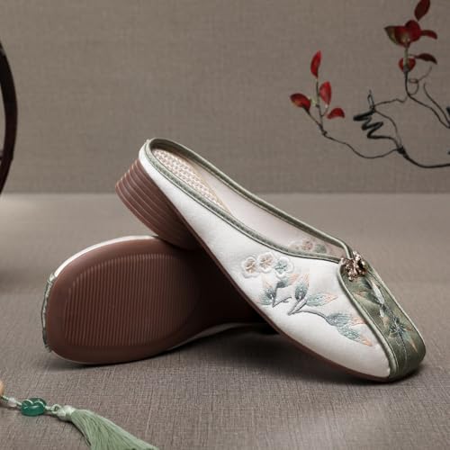 Satin Flower Embroidered Flats Slippers Women's Chinese Traditional Ancient Style Hanfu Shoes Casual Lightweight Closed-toe ls To Match Cheongsam(Green,6 UK) (Green 3.5 UK)3