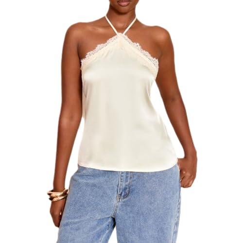 Image of Nsywmzy Womens Lace Trim Cami Top Y2k Sexy Silk Satin Sleeveless Halter Neck Top Camisole Going Out Tops (Champagne, S)