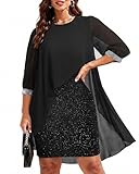Talisea Plus Size Black Dress Cocktail Party Wedding Guest Evening Chiffon Cape 3/4 Sleeves Semi Formal Curvy Women Elegant