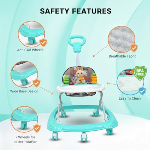 Image of Baby Walker for 6-18 Months with Musical Toys & Push Handle | Adjustable Height Baby Activity Walker, 360 Rotating Wheels, Soft Seat (Rabbit Aqua)