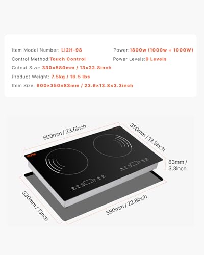Image of VEVOR Induction Cooktop, 1800W Electric Countertop Burner with 9 Power Settings, 2 Burner Touch Control Stove, Built-in Induction Cooktop, Include 99-Min Timer, Child Safety Lock, Glass Surface