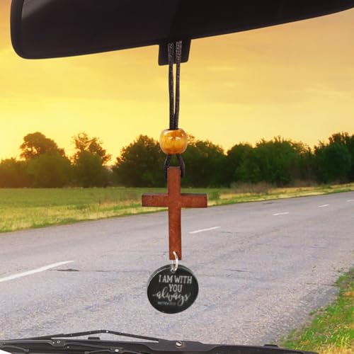 GAOLAOSY Car Rearview Mirror Cross Hanging Ornament, Natural Wood Car