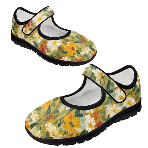 JoyLamoria House Art Flower Pattern Womens Shoes Mesh Dress Loafers Y2K Casual Cute Ballet Travel