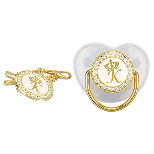 Pacifier Clips Baby Girl, 26 Letter Rhinestone Baby Pacifier with Name Initial Letter, Curved Bling Pacifier for Girl, Newborn Baby Girl Pacifiers Clips, Baby Shower Birthday Gifts (K)