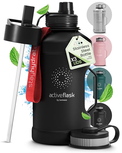 Botella agua acero inoxidable Active Flask + pajita (3 tapas) | Garrafa deportiva grande de 1,3 - 2,2 litros sin BPA y a prueba de fugas, Frasco de XL para deportes al aire libre | Cantimplora 1L 2L