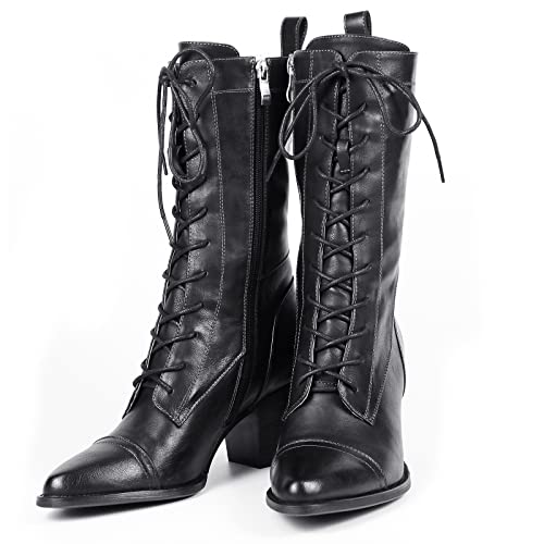 UTIKLIOU Women's Mid Calf Boots Lace up Combat Boots Leather Side Zipper Winter Boots Faux Fur Lining4