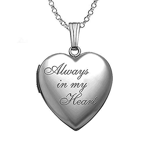 PicturesOnGold.com Always in My Heart Silver Heart Locket Pendant Necklace - 3/4 Inch X 3/4 Inch - Includes Sterling Silver 18 inch Chain. (Locket + Photo)