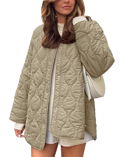 Flygo Women's Oversized Quilted Lightweight Jacket Button Down Puffer Padded Outerwear with Pocket(Khaki-XL)