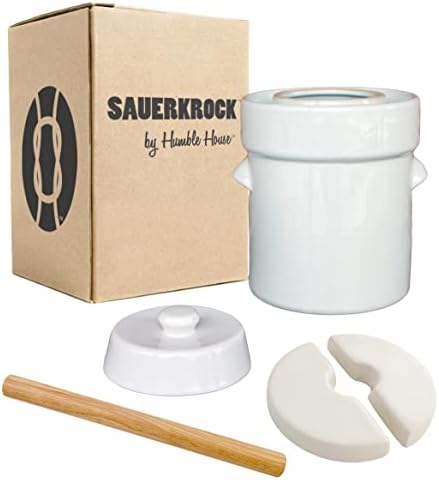 Humble House SAUERKROCK Fermentation Crock Jar 2 Liter in Natural White - Stoneware Pot for Fermenting or Pickling Kimchi, Sauerkraut, Pickles, Vegetables, Kombucha - 1/2 Gallon Ceramic Fermenter with Fully Glazed Weights, Lid, and Pounder