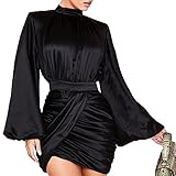 GEMEIQ Women’s Long Lantern Sleeve Ruched Bodycon Dresses High Neck Wrap Front Cocktail Club Dress w