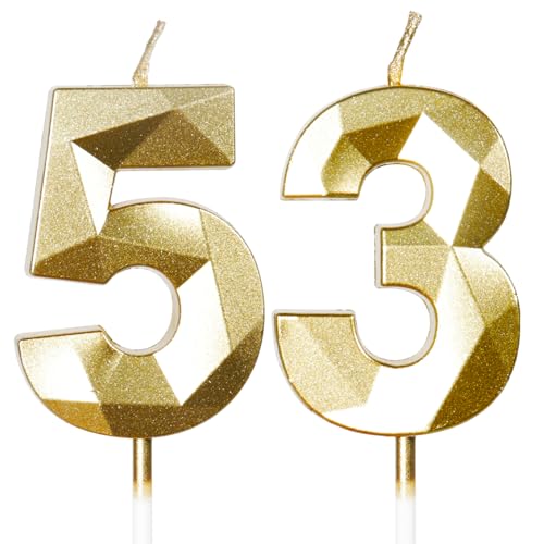 Bougies d'Anniversaire 53 Ans Dorées - Numéro 53 Or - Bougies Dorées pour Gâteau - Décoration de Fête Brillante - Anniversaire, Mariage, Fête, Cérémonie