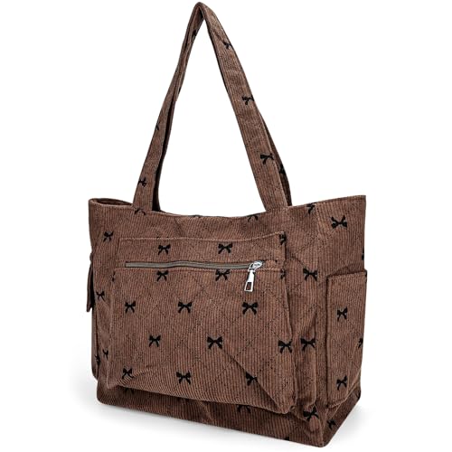Tote Bag for Women Cute Corduroy Shoulder Bag Bow Tie Canvas Bags Large Capacity Travel Handbag2