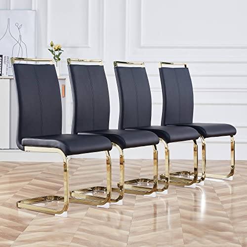 Image of Baysitone Modern Dining Chairs Set of 4, Side Dining Room Chairs with Golden Legs, Kitchen Chairs with Faux Leather Padded Seat High Back for Dining, Kitchen, Living Room, Black