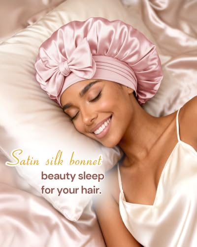 Image of BONNET QUEEN Silk Bonnet for Sleeping for Women Satin Bonnet Night Cap for Curly Hair with Tie Band, Single Layer, Cream Pink