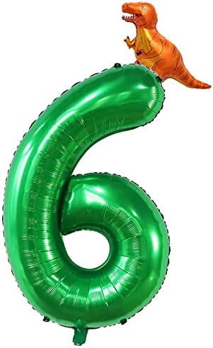 40 Inch Green Number 6 & Mini Dinosaur Balloon for Boys Birthday Party Decorations, 6th Birthday Dinosaur Party Supplies Jungle Theme Green Birthday Patry Balloons Decorations