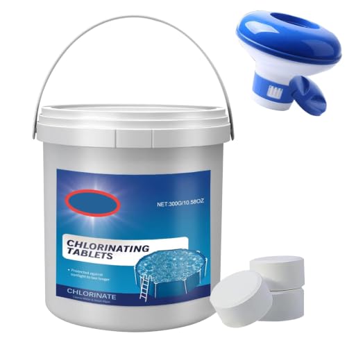 Chlorine Tablets for Swimming Pool 300g Pool Cleaning Tabs + Floating Chlorine Tabs Dispenser 1 Inch large Cleaning Tablets for Hot Tub Swimming Pool Paddling Pool Spa Bathtubs
