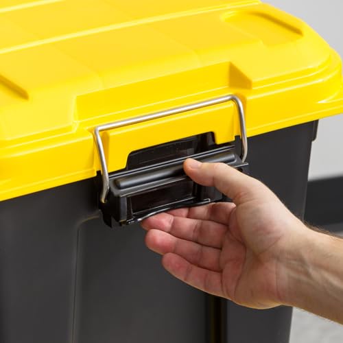 Image of IRIS USA WeatherPro 21 Gallon Lockable Storage Bins with Lids, 4 Pack - Made in USA, Heavy Duty, Stackable Containers, Garage Organizing Tubs, Rugged Sturdy Equipment Utility Box - Black /Yellow