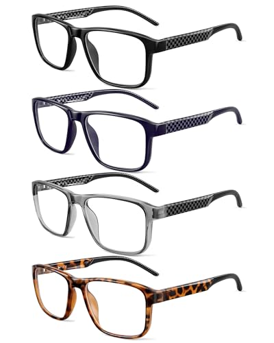 JM Lunette Loupe Homme avec CharnièRes à Ressort, Rectangulaire Classique Lunette de Lecture Anti Lumiere Bleue 4 Paquets +1.5