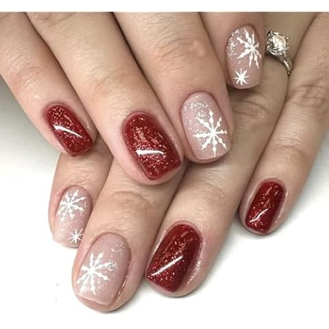 Glitter Snow Christmas Press on Nails Short Square Fake Nails Glossy Xmas Winter False Nails with Pink Snowflake Red Design Reusable Stick on Nails Glue on Nails Acrylic Artificial Nails for Women 24 Cover