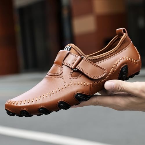 Men's Slip-On Leather Loafers with Adjustable Stickers Lightweight&Soft Round Toe Penny Loafers Low-Top Flats Moccasin Boat Shoes for Driving Walking4