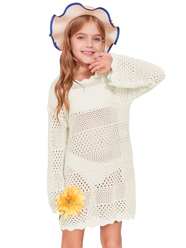 Image of Batermoon Girls Crochet Long Sleeve Swimsuit Cover Up Kids Fashion Hollow Out Swimwear Beach Dress 5-14 Years