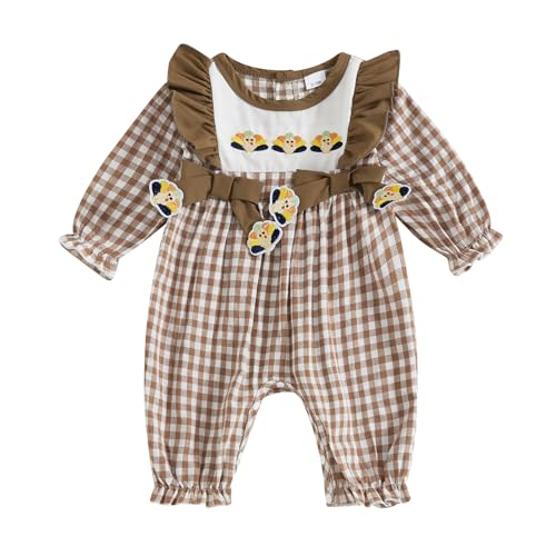 Newborn Baby Girl Thanksgiving Turkey Smocked Gingham Romper Long Sleeve Ruffle Plaid Jumpsuit One Piece Outfit