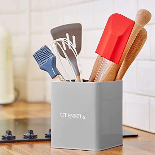 andrew james Utensil Holder Vintage Metal Utensil Pot Large Kitchen Utensil Organiser Retro Kitchen Accessories Utensils Storage Holder for Knives Forks Utensils, Kitchen Organiser Pot (Grey)