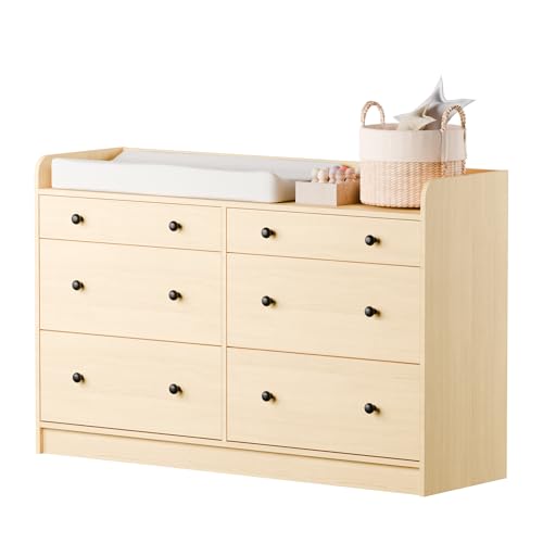 Image of Cozy Castle Baby Dresser with 6 Drawers and Large Table Top, Multi-Functional Chest of Drawer, Drawer Dresser with Three-Sided High Rails for Nursery, Children's Room, Bedroom, Oak