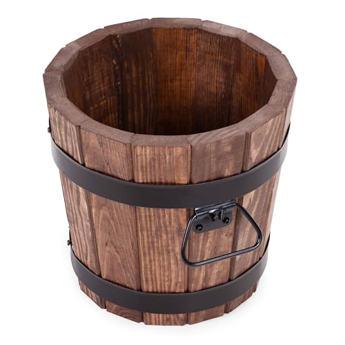 Drewdon Großer Holz Blumentopf Runder Garten Pflanzkübel mit Metallringen Dekoratives Holzfass als Pflanztopf Wetterfeste Blumenkübel für draußen Balkon Terrasse & Garten (braun, Ø28 x H26)