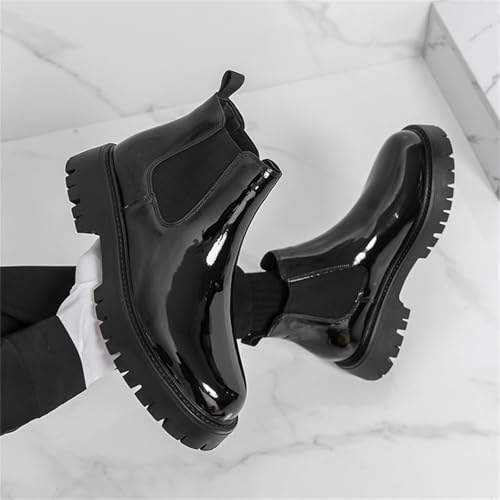 Men's Patent Leather Pull On Platform Low Chunky Block Heel Chelsea Boots Round Toe Lug Sole Ankle Short Boots Comfort Fashion Dress Shoes for Prom Party Dating Wedding4