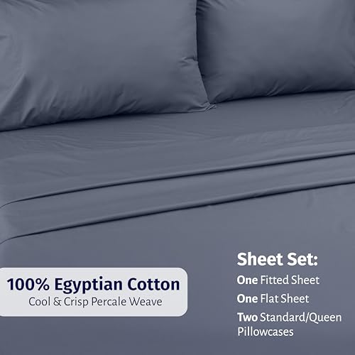 Image of California Design Den Bed Sheets Full Size Set - Certified 100% Egyptian Cotton Percale Sheets Full Size with Deep Pockets, Lightweight, Crisp and Durable Luxury Bedding Set - Mineral Blue (Grey Tone)