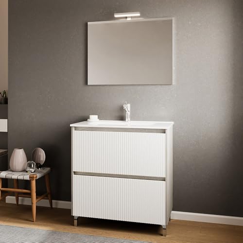 Inbagno Mobile bagno a terra 80 cm bianco cannettato e grigio con 2 cassetti soft-close, lavabo in ceramica e specchio LED 80x60 cm, PORTO