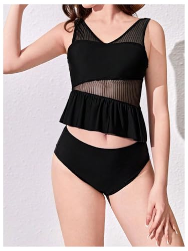 OYOANGLE Girl's Tankini Set Contrast Mesh Ruffle Hem V Neck Bikini Sets 2 Piece Bathing Suit3