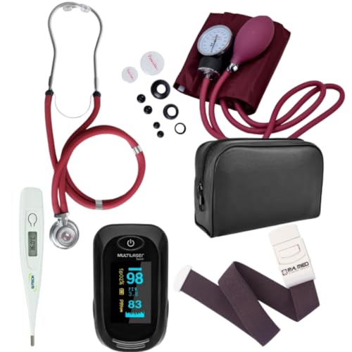Kit Enfermagem Acadêmico Com Estojo Completo Vinho Premium - Estetoscópio, Esfigmomanômetro, Oxímetro, Termômetro e Garrote. Fundamentos Medicina
