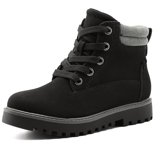 MIXIN Girls Boys Combat Hiking Snow Boots Waterproof Non-Slip Fashion Work Ankle Boots with Lace Up Side Zipper for Little Big Kids Black Size 13