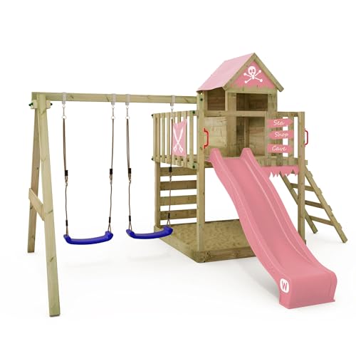 WICKEY Spielturm Klettergerüst Smart Cave mit Schaukel & Rutsche, Outdoor Kinder Kletterturm mit Sandkasten, Leiter & Spiel-Zubehör für den Garten (Pastellpink)