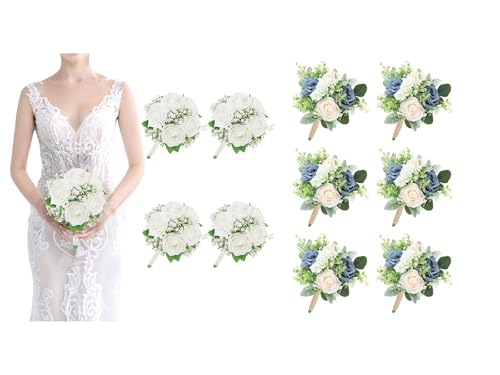 SEMONONIA Set of 4 Ivory White Bridesmaids Bouquets & 6