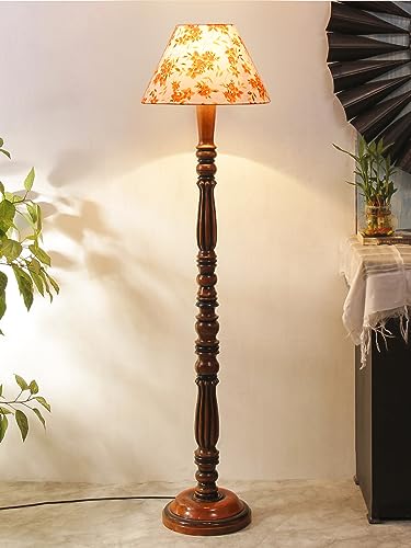 Image of Floor Lamp with Wooden Base - Height 55 Inch, Orange Floral | Modern Standing Lamp for Living Room, Bedroom & Office | Stylish & Elegant Home Lighting Decor | Decorative Lamp