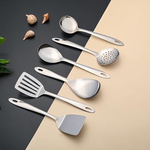 Image of Montavo by FnS 6 Pieces Stainless Steel Serving Tools Set | Rice Server, Gravy Ladle, Serving Spoon, Solid Turner, Skimmer & Slotted Turner | Kitchen Utensil Set for Home & Dining