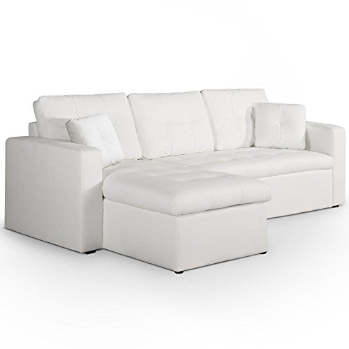 Canape Convertible d’Angle Simili PU Blanc Méridienne Reversible Droite ou Gauche | Modèle Toledo | Canape Lit avec Coffre de Rangement| Coussins et Assise Moelleux...